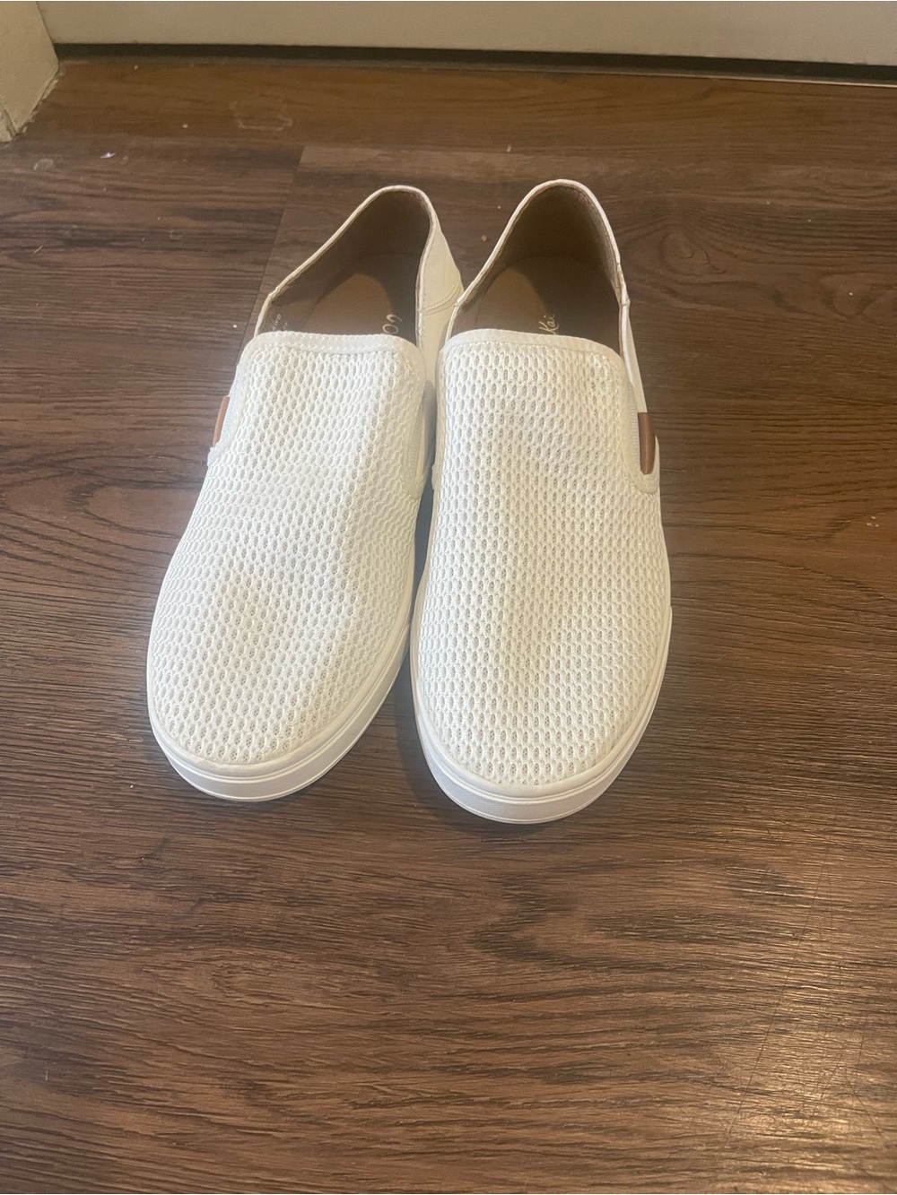 OluKai White Mesh Slip-On Loafers with Tan Accents